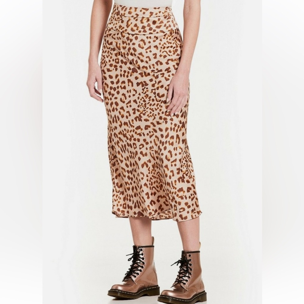 Free People Normani Bias Midi Skirt Size 2 Tan Leopard Print High Waist Slip